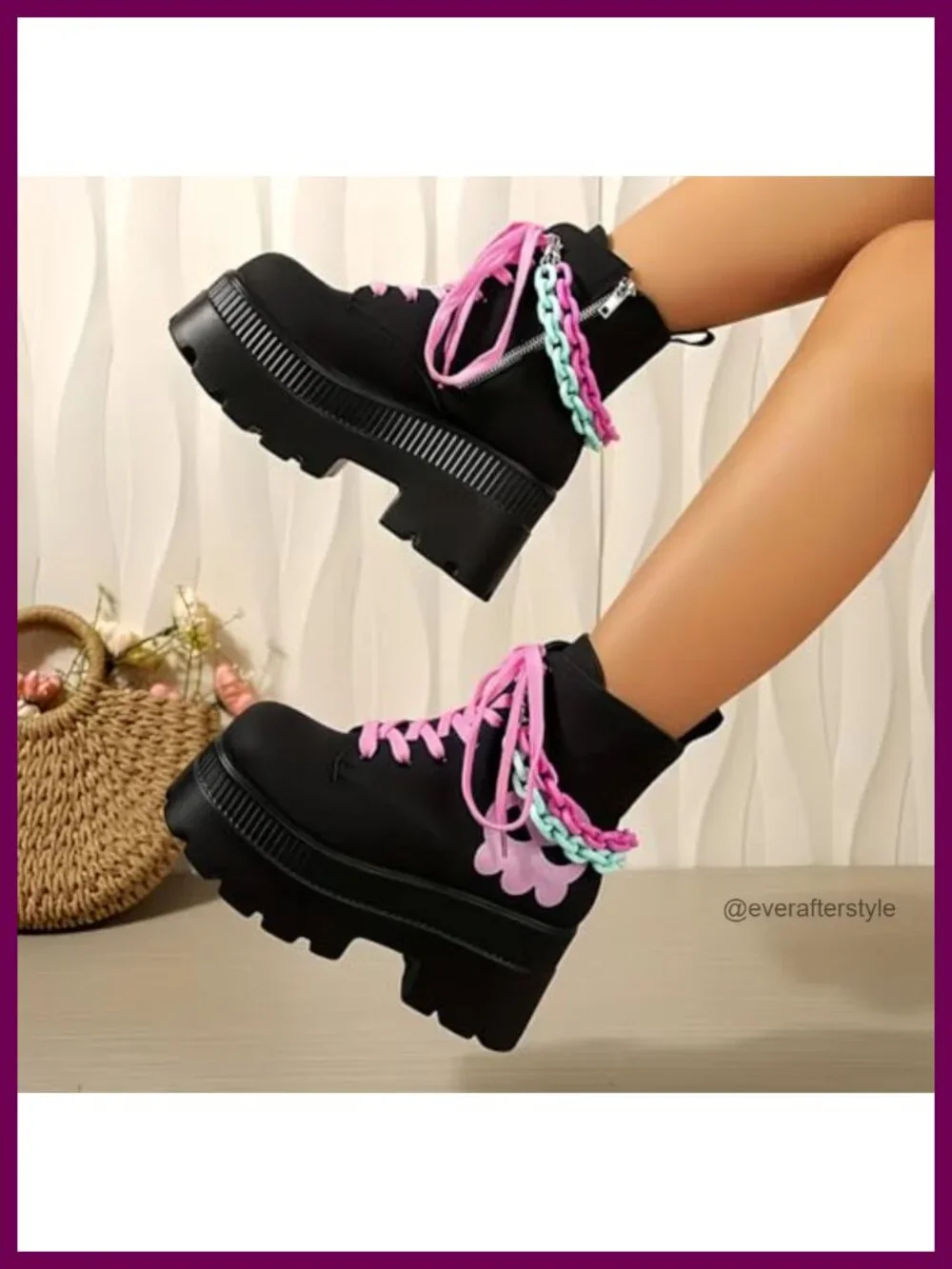 Women's Goth Platform Ankle Boots Bat Wing Buckle Chunky Heels PU Leather Round